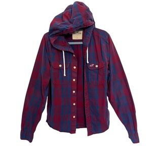 Hollister Mens‎ Red Blue Button Front Hoodie Shirt, Large